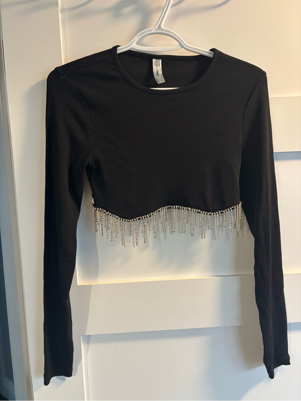 Women's ONLY black Cropped Long-Sleeve Top with Rhinestone Fringe